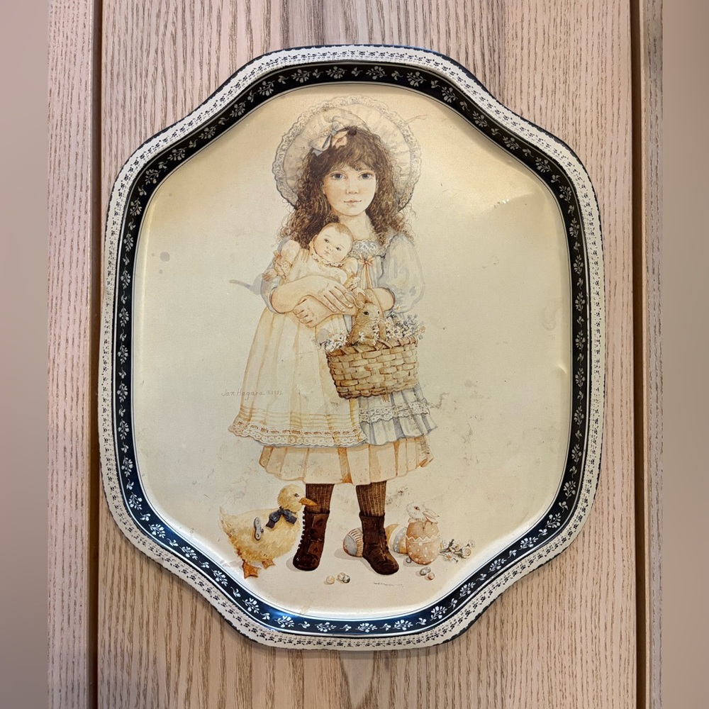 Vintage Jan Hagara Decorative Tin Tray with Girl Illustration